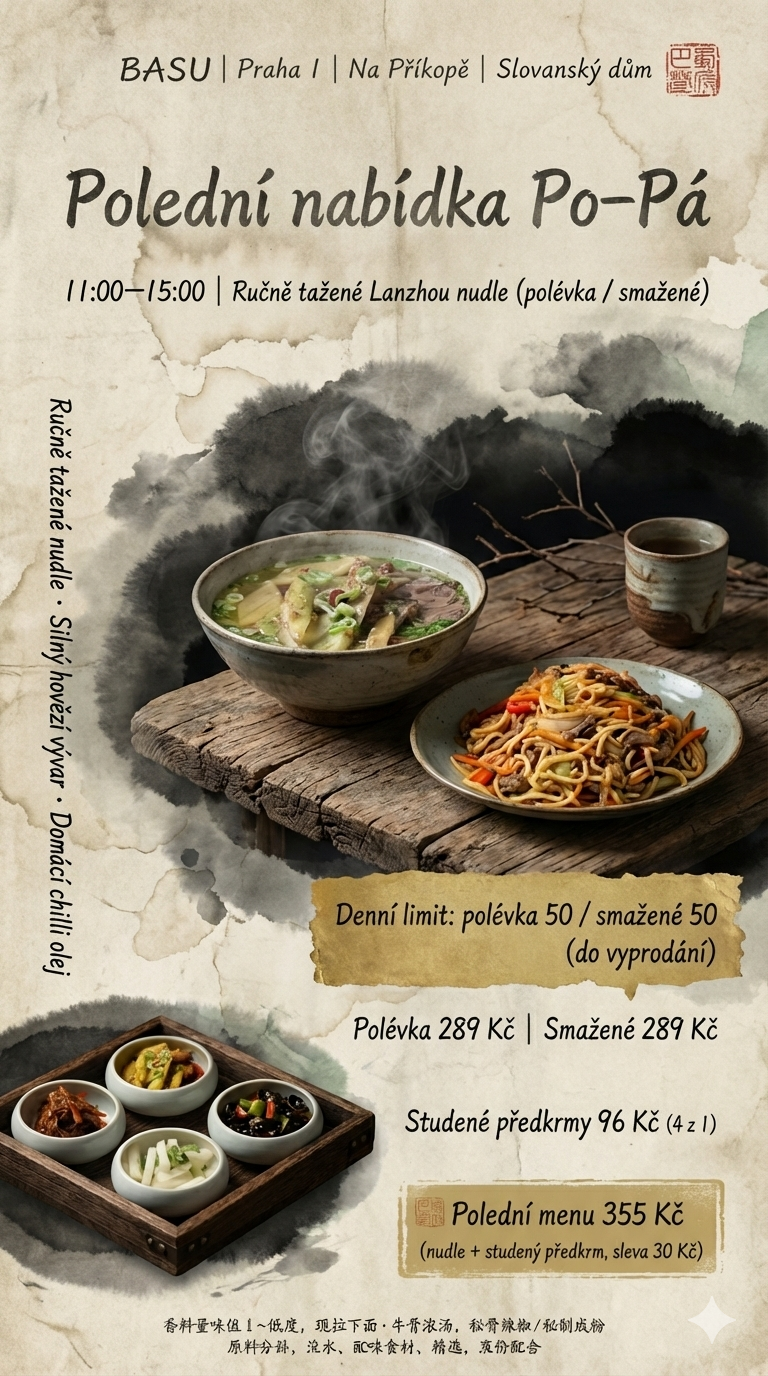 Novinka v obědovém menu · Ručně tažené Lanzhou nudle s hovězím 289 Kč